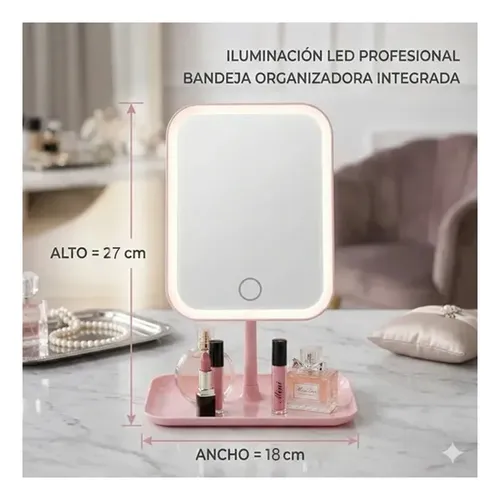 Espejo Maquillaje Luz Led 3 Modos Recargable Touch Giratorio