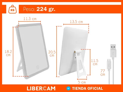 Espejo Luz Led Tactil Cuadrado LIBERCAM RESP-10 Maquillaje Carga Usb Color Blanco