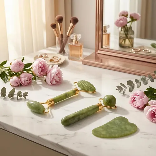 Rodillo De Jade Verde Masajeador Facial Y Cuello