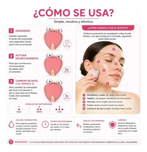 Tonificador Facial De Microcorriente Recargable 3 Niveles Color Rosa