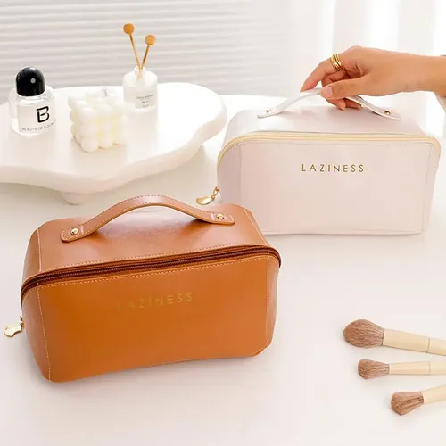 Neceser Cuero Pu Porta Cosmeticos Maquillaje Viaje Bolso Color Marrón Diseño De La Tela Lisa