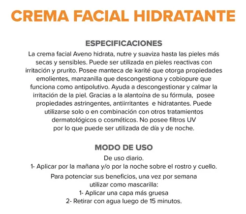 Crema Hidratante Facial Aveno Piel Seca Sensible 50gr