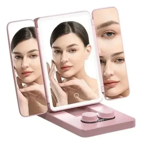 Espejo P/ Maquillaje C/ Porta Lentillas Led 3 Modos Usb Recargable Luz Ajustable Tocador Cosmética Portátil Diseño Moderno