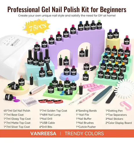 Kit Uñas Gel 75 Piezas Colores Base Y Top Coat