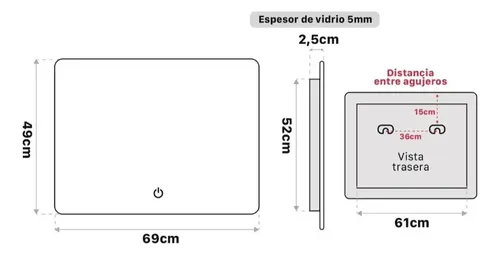 Espejo Horizontal Curvo Luz Led Trasera 700x500mm Wc-825