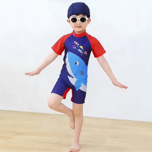 Traje De Baño Para Niños Con Gorra De Manga Corta 2 Piezas