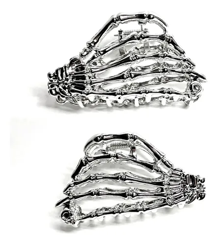 Broche De Pelo Hebilla Mano Esqueleto Huesos En Metal Cromo
