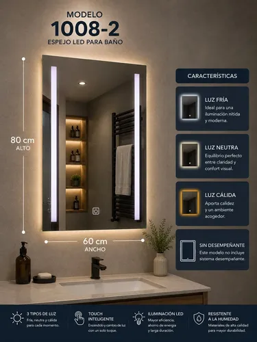Espejo Rectangular Vertical Luz Led 50x70cm Boton Touch Baño