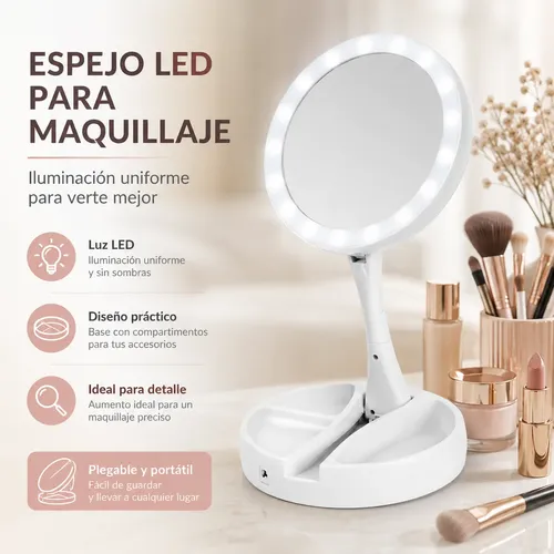 Espejo Redondo Led Plegable Con Aumento 10x Y Organizador