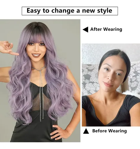 Peluca Larga Ondulada De Color Gris Púrpura Para Mujer