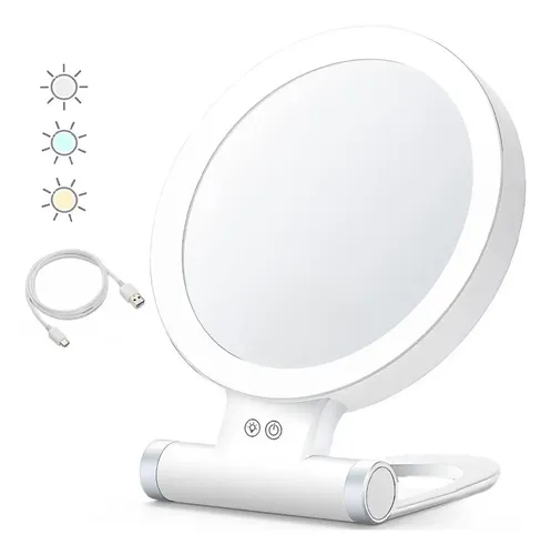 Espejo De Maquillaje Con Luz Y Aumento 10x Portátil