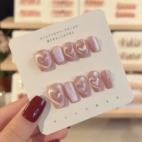 Uñas Postizas Press On Corazón 3d Efecto Ojo De Gato