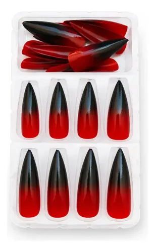 Uñas Press On Stiletto Largas Reutilizables Diseños Rojo Fuego Degradé Negro