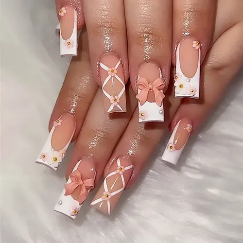 Dos Cajas De Uñas Postizas Con Lazo Dulce Francés.
