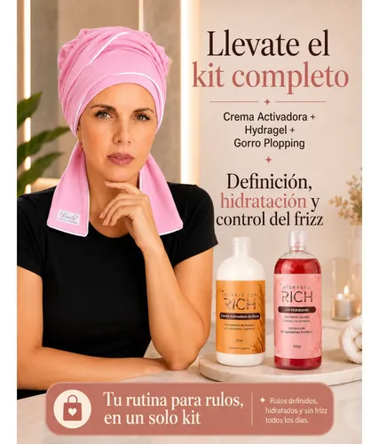 Gel De Rich Hidragel+ Crema Activadora +gorro Plopping Rulos