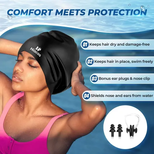 Gorro De Natación Hiacos Para Cabello Largo, Negro E Imperme