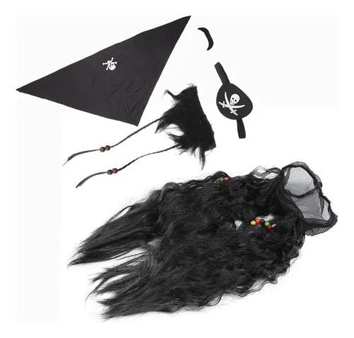 Set De Peluca Con Barba Falsa Y Bigote De Pirata Negro