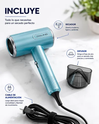 Secador Pelo Mano Ligero Elegante Alta Potencia 2000w Turbo