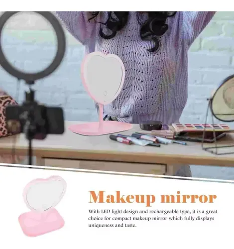 Espejo Maquillaje Corazón Luz LED 3 Tonos USB Blanco 30cm Con Bandeja