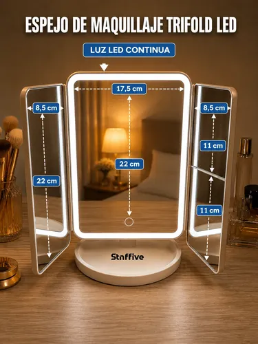 Espejo Maquillaje 3 Modos D Luz Aumento 1x/2x/3x Recargable
