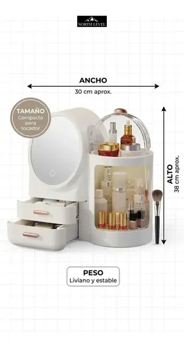 Organizador De Maquillaje NORTH LEVEL Con Espejo Y Luz LED Para Tocador