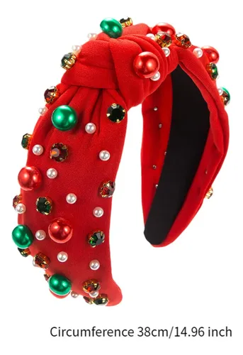 Diadema De Navidad Roja Ancha Con Perlas Y Rhinestones
