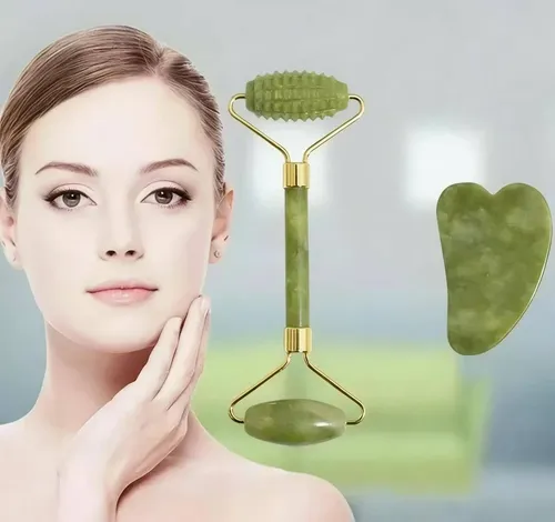 Set 2 Piezas Rodillo Jade Y Gua Sha Facial Masaje