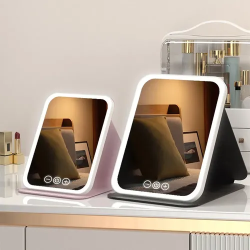 Espejo Maquillaje Led Plegable Luz Fría Cálida Natural Usb Negro