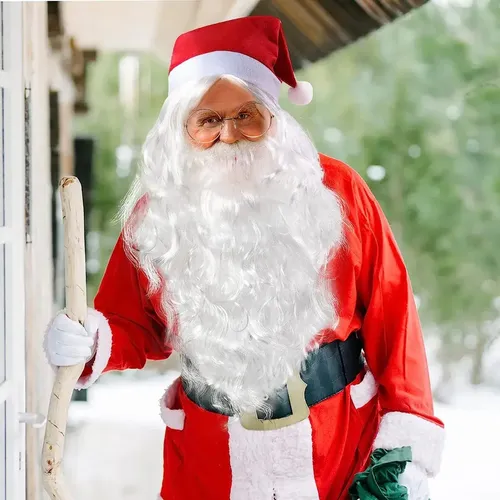 Qqx Peluca Barba Gorro Y Lentes Navidad Disfraz For Papa White (wig, Beard, Moustache) With Red Hat And Gold Glasses