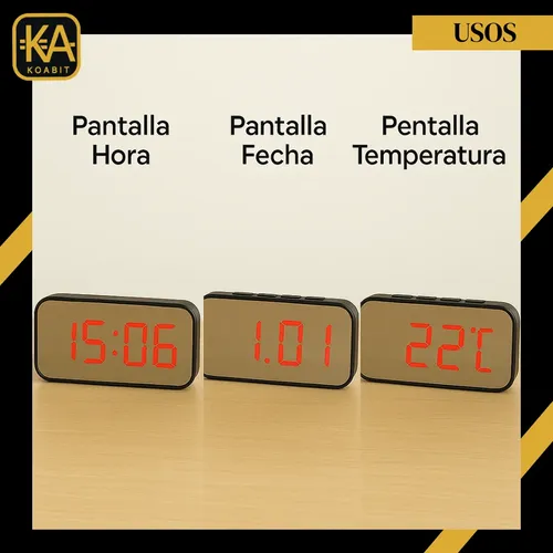 Reloj Despertador Digital LED Espejo KOABIT Alarma Pantalla LED Funciona con Pilas o USB Mesa Dormitorio Oficina Negro