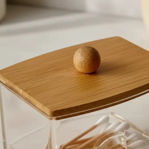 Organizador Acrílico Rectangular Tapa De Bambú Para Cotonete Color Blanco