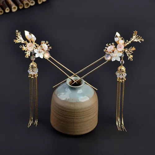 2x Horquilla China Antigua Con Colgante, Floral Hada Dorada Gold