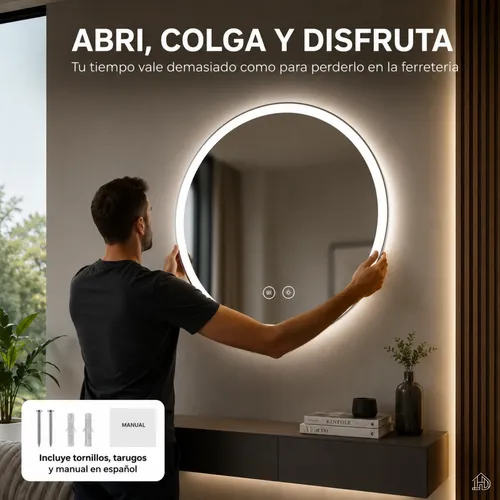 Espejo Redondo Circular Digital Luz Led Desempañador 60cm