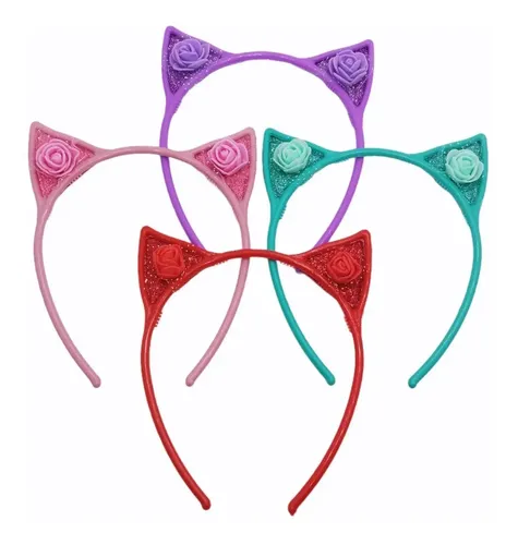 Vincha Infantil Gatito Orejas Glitter Flores Pelo Pack X 6