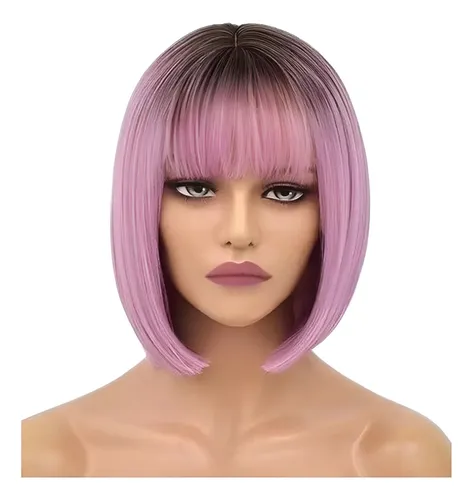 Peluca Corta Rosa Natural Con Cequillo Short Bob Wig