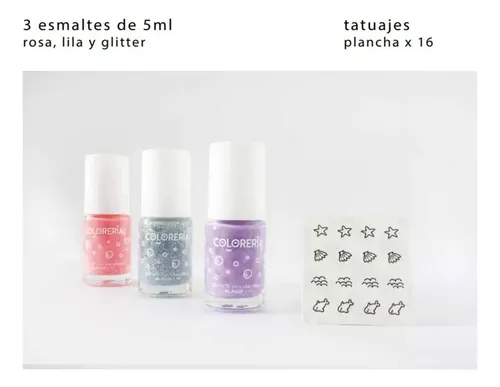 Set De Esmaltes X3 + Tatuajes Lavables Infantil Color ROSA, GLITTER Y LILA
