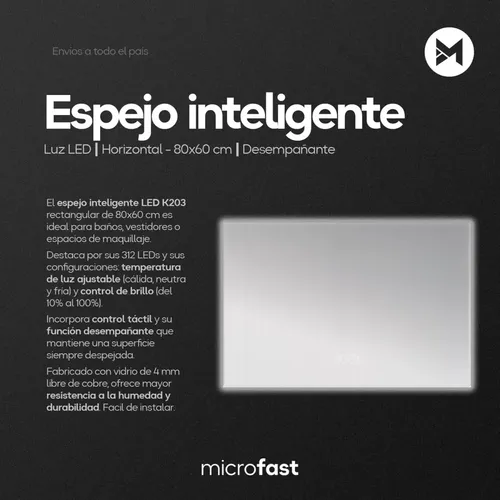 Espejo Rectangular de Baño con Luz LED Táctil y Antiempañante, 80x60cm