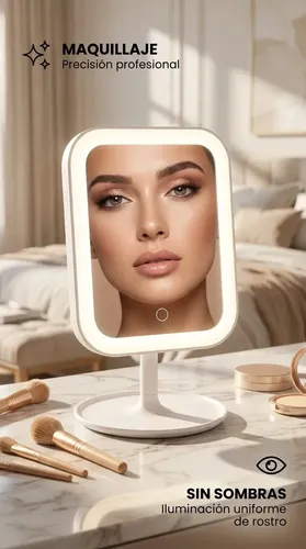Espejo Mtl De Mesa Rectangular Con Luz Led Portátil Diseño Moderno Minimalista Blanco Maquillaje Profesional Cuidado Personal Tocador Dormitorio Baño Iluminación Natural Precisa Elegante Compacto