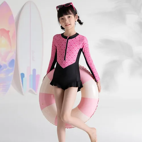 Traje De Baño De Una Pieza Niña Manga Larga Con Gorro