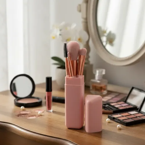 5 Pinceles De Maquillaje Kit Con Portapinceles.