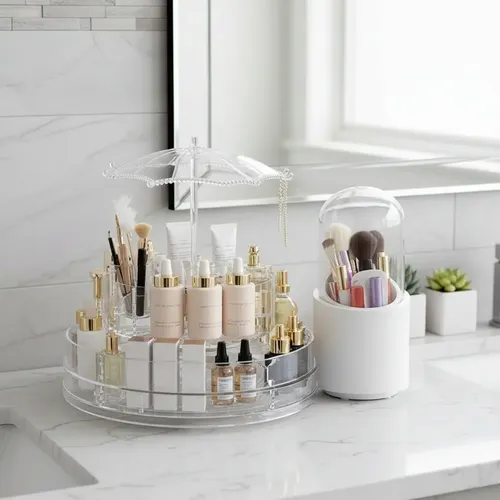 Set Organizador De Maquillaje 360 Y Porta Brochas Blanco