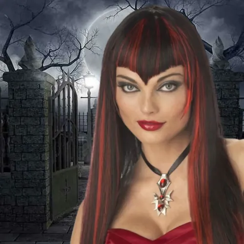 Peluca Vampireza Larga Con Flequillo Lacio Cotillon Disfraz