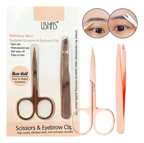 Set Depilacion Pincita + Tijera Para Cejas De Acero Ushas Color Rose Gold