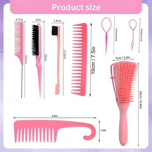 Kit De Cepillos Y Peines Para Cabello Rizado De Univio, Pack Rosa
