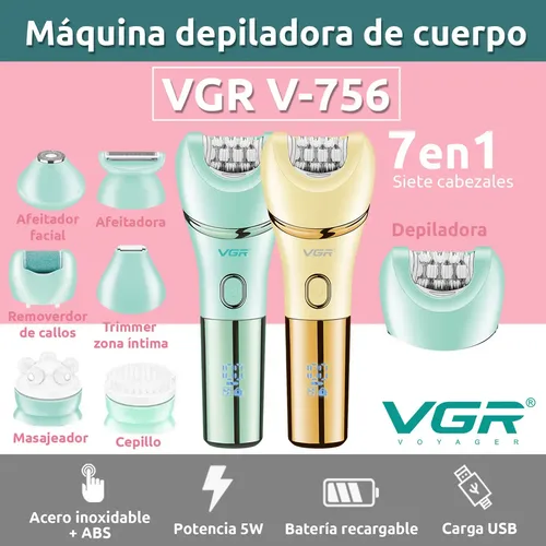 Depiladora Corporal Con Exfoliador 7 en 1 Vgr V-756 Ipx7 Turbo Color Verde