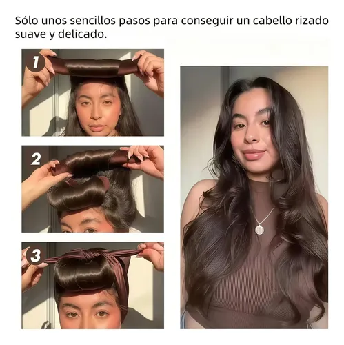 6pzs Curly Ondas En Cabello Rizos Sin Calor Tubo+gorro Satin Rosa