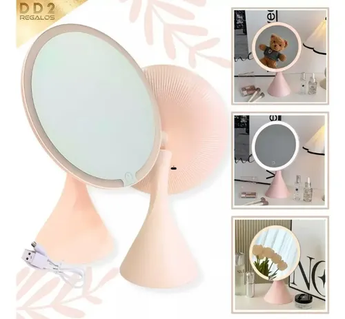 Espejo De Maquillaje Con Luz 3 Tonos Giratorio P/ Escritorio