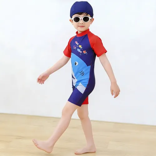 Traje De Baño Para Niños Con Gorra De Manga Corta 2 Piezas