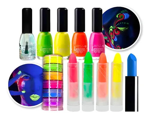 Kit Maquillaje Fluorescente Neon Labial Pigmentos Esmaltes