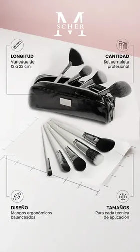 Set Premium 9 Brochas De Maquillaje Profesional + Estuche de Melody Scher Blanco
